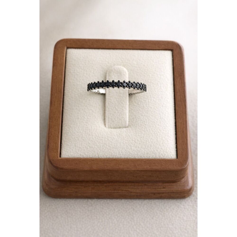 Striking Black Gemstone Eternity Band - Slim Sterling Silver Stacking Ring Size